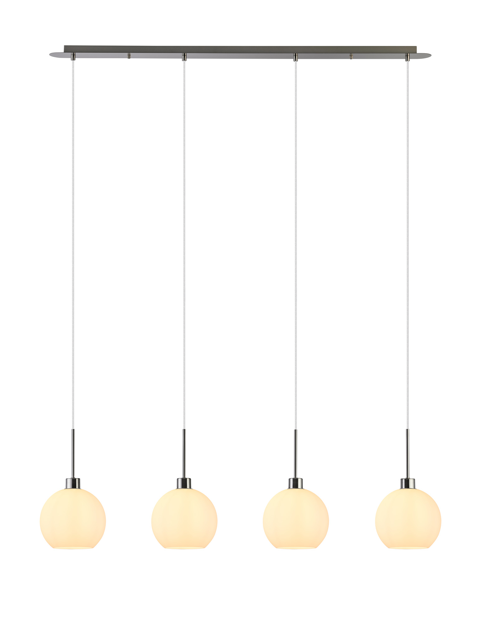 DK1407  Lori Linear Pendant, 4 Light Adjustable E27, Satin Nickel/Opal Open Mouth Round Globe Shades